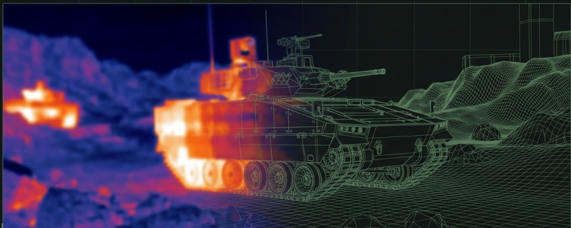 Mission-Grade Thermal Imaging — Tank transition from thermal heat signature to wireframe schematic