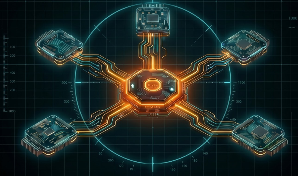 E-Vector Thermal Core interoperability — star-map showing Ethernet, USB, MIPI, LVDS, and Analog connectivity modules