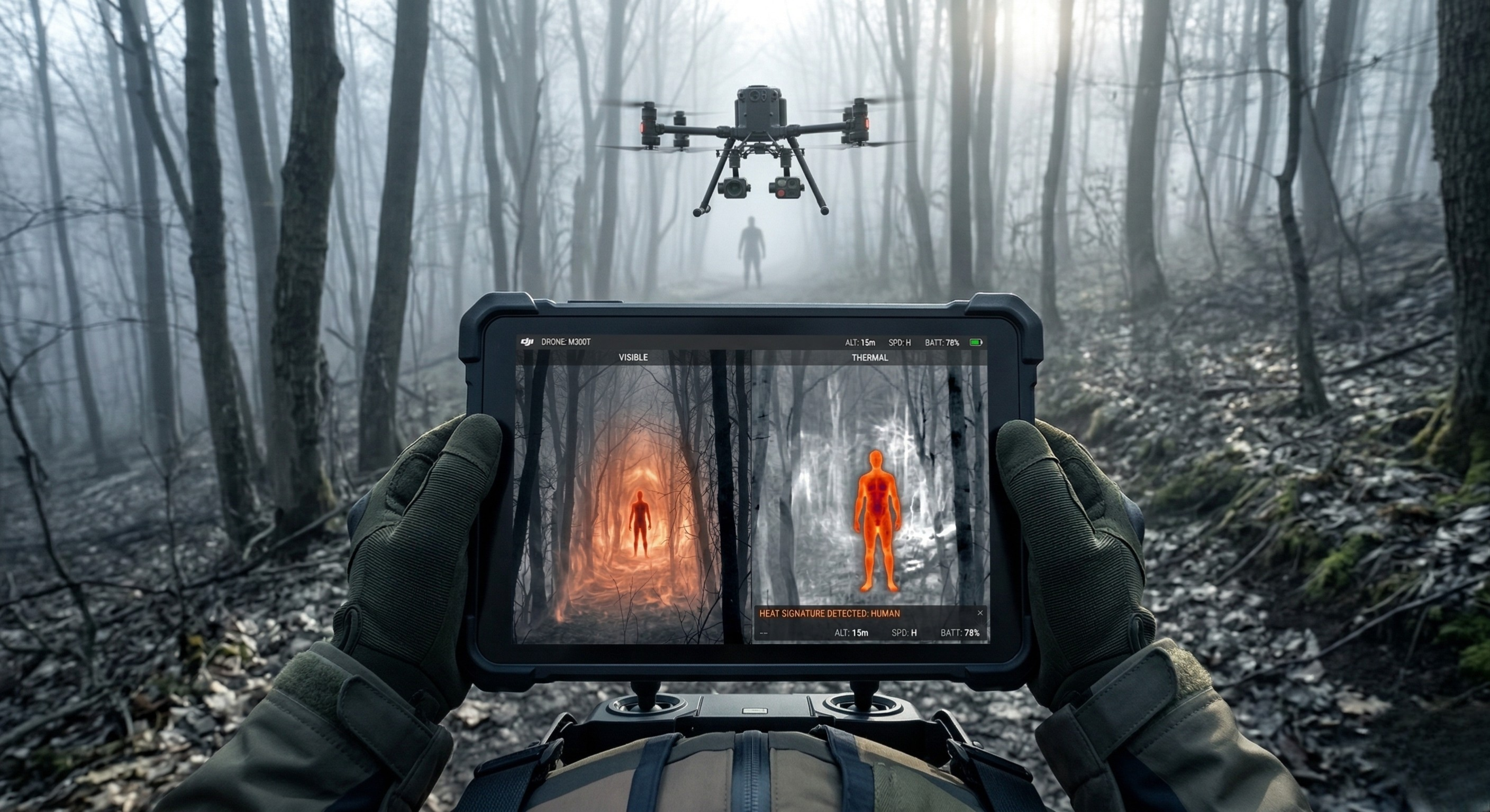 Visual verification — standard vision vs E-Vector thermal imaging comparison showing NETD sensitivity advantage